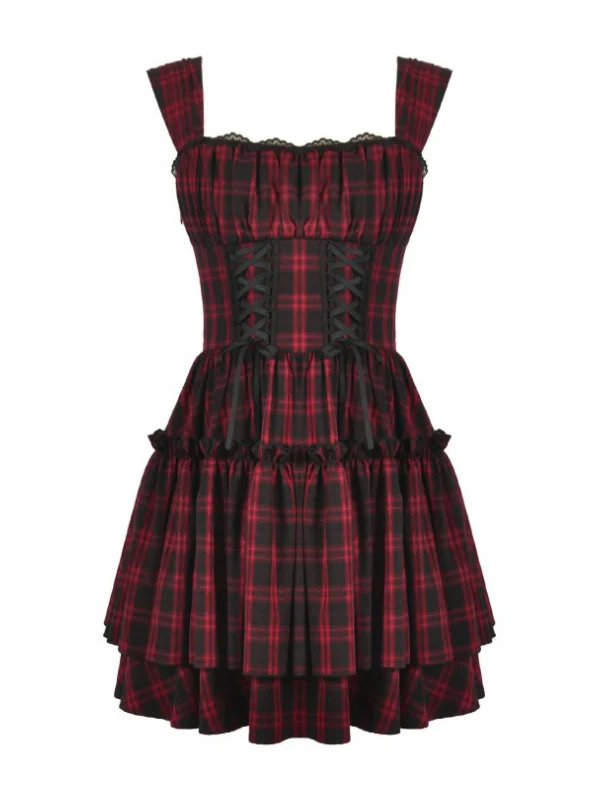 DARK IN LOVE DW1118 RED PLAID LAYERED CAKE DRESS - Image 3