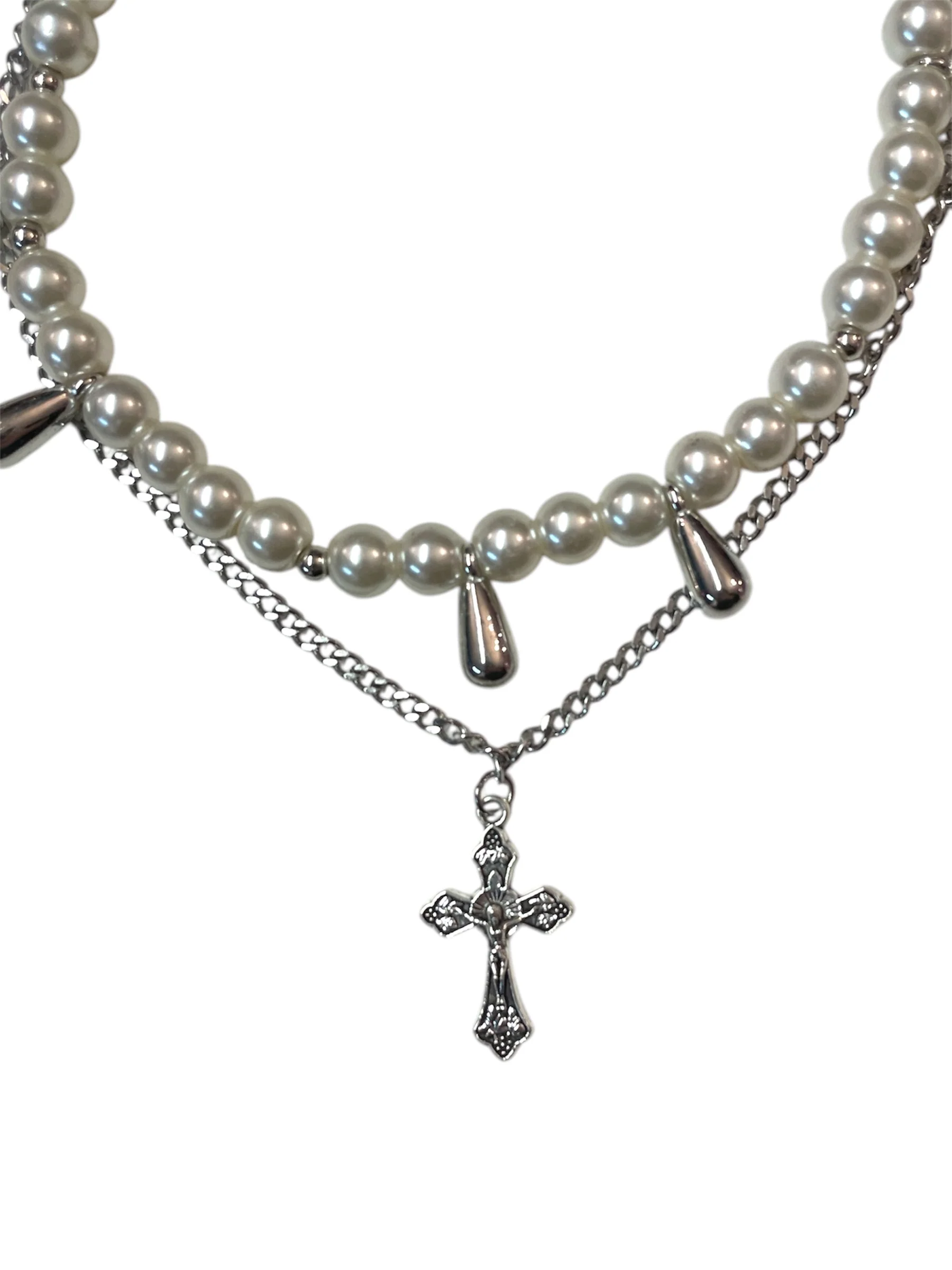 PEARL DROP NECKLACE WITH DOUBLE LAYER CROSS CHAIN - Image 2