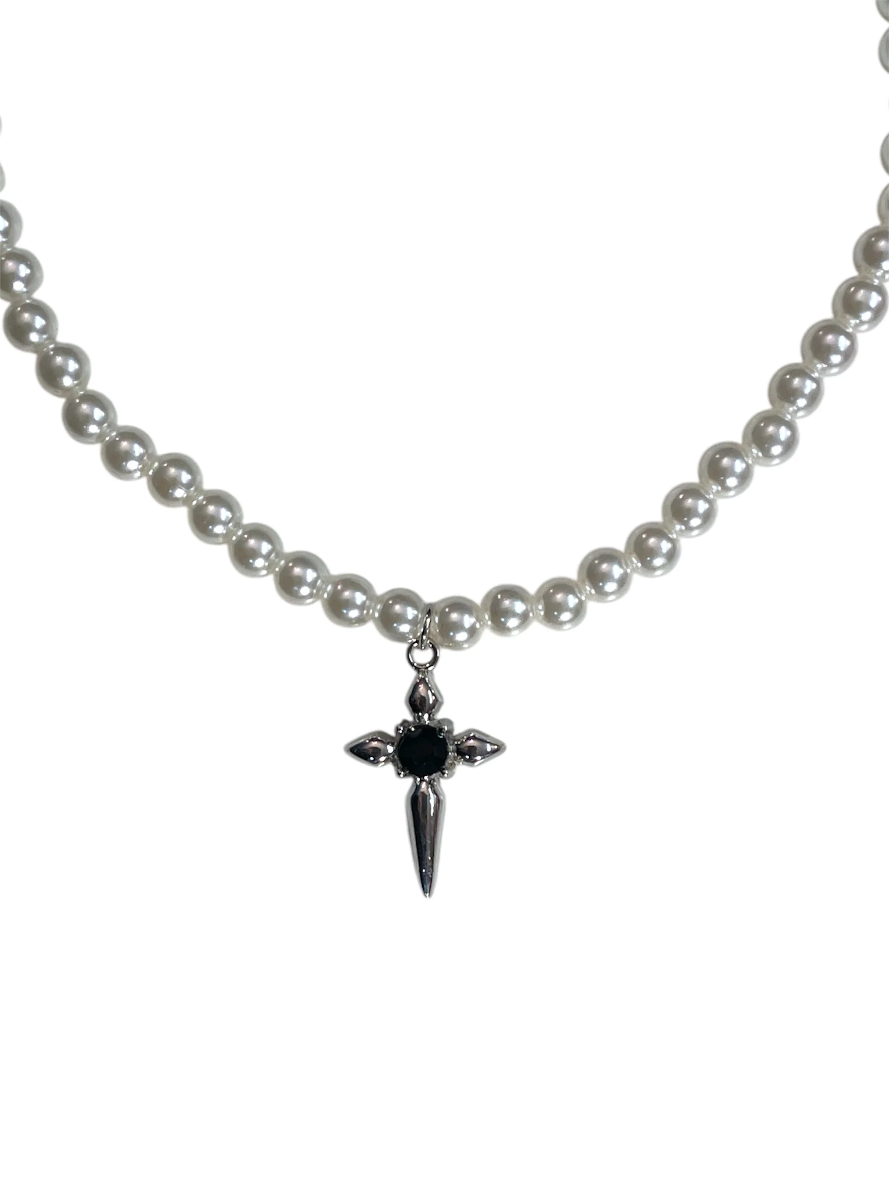 PEARL NECKLACE CROSS WITH BLACK RHINESTONE - Image 2