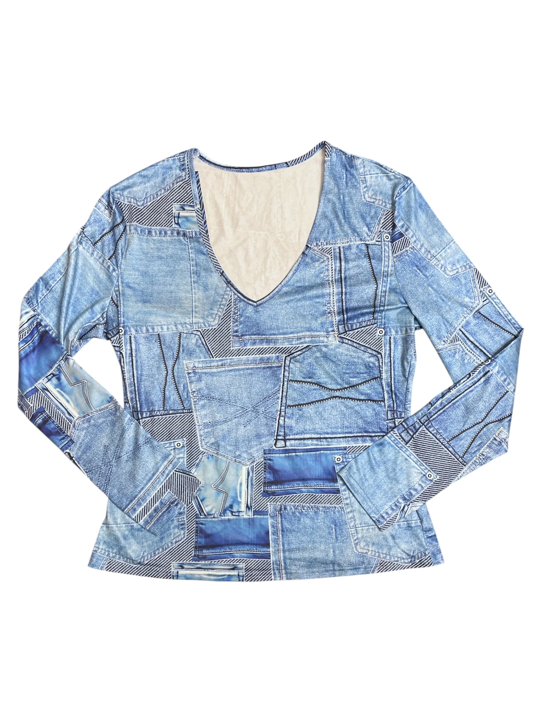 SECOND HAND JEAN PRINTED V NECK
