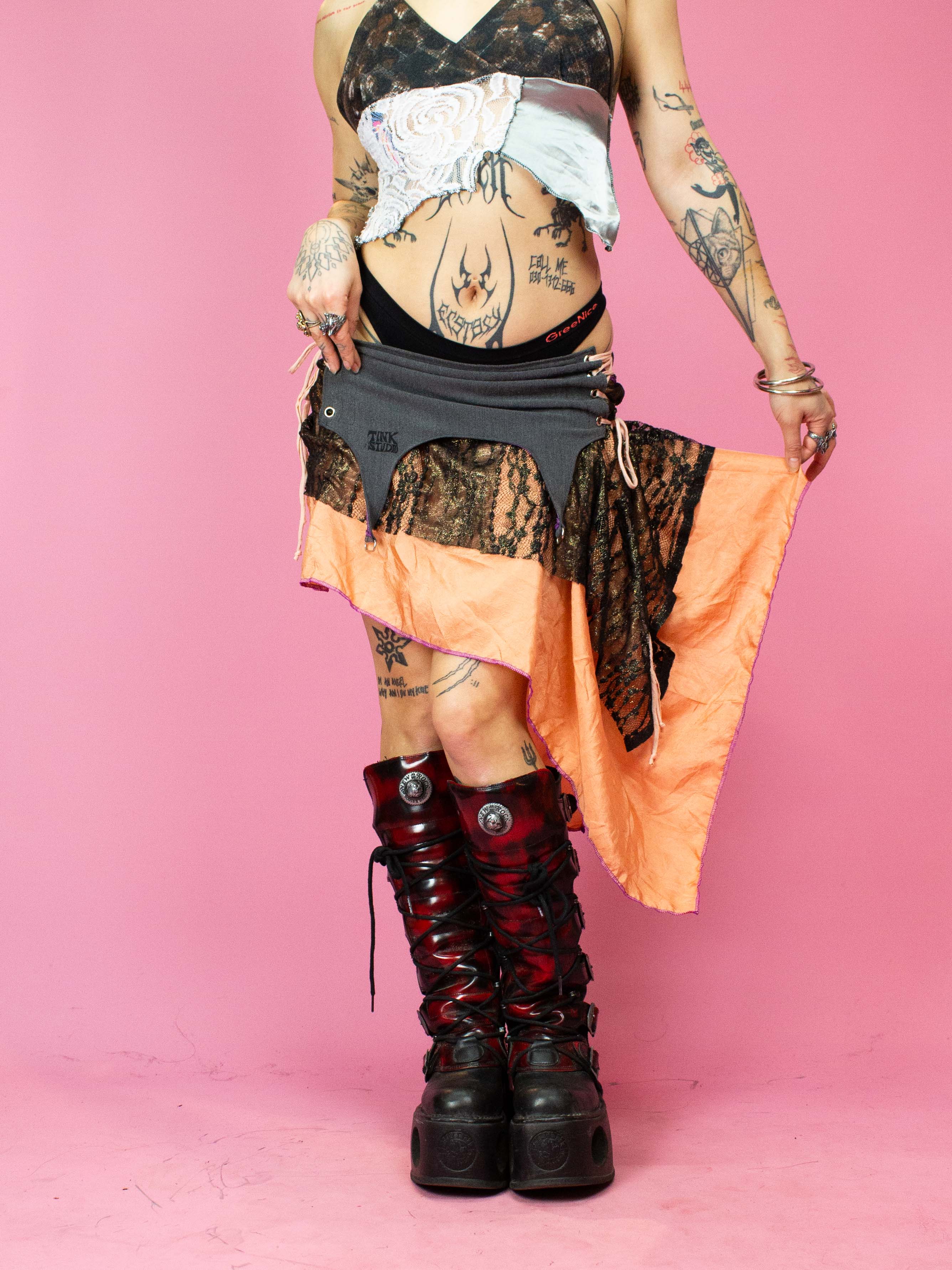TINK CORSET SKIRT PEACH SILK GOLD LACE - Image 2